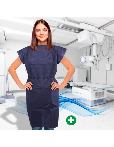 Polypropylene TNT sanitary gown for RX patients, sleeveless and with straps.