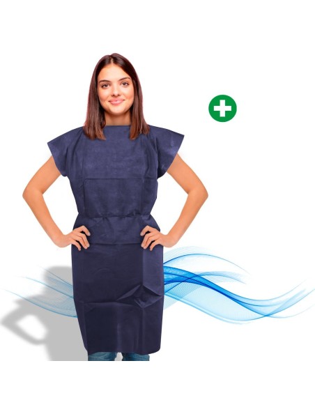Polypropylene TNT sanitary gown for RX patients, sleeveless and with straps.